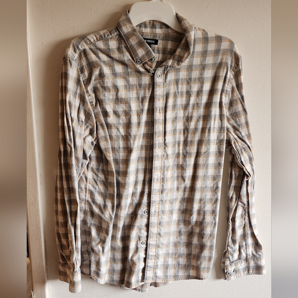Express plaid flannel in orange white and gray